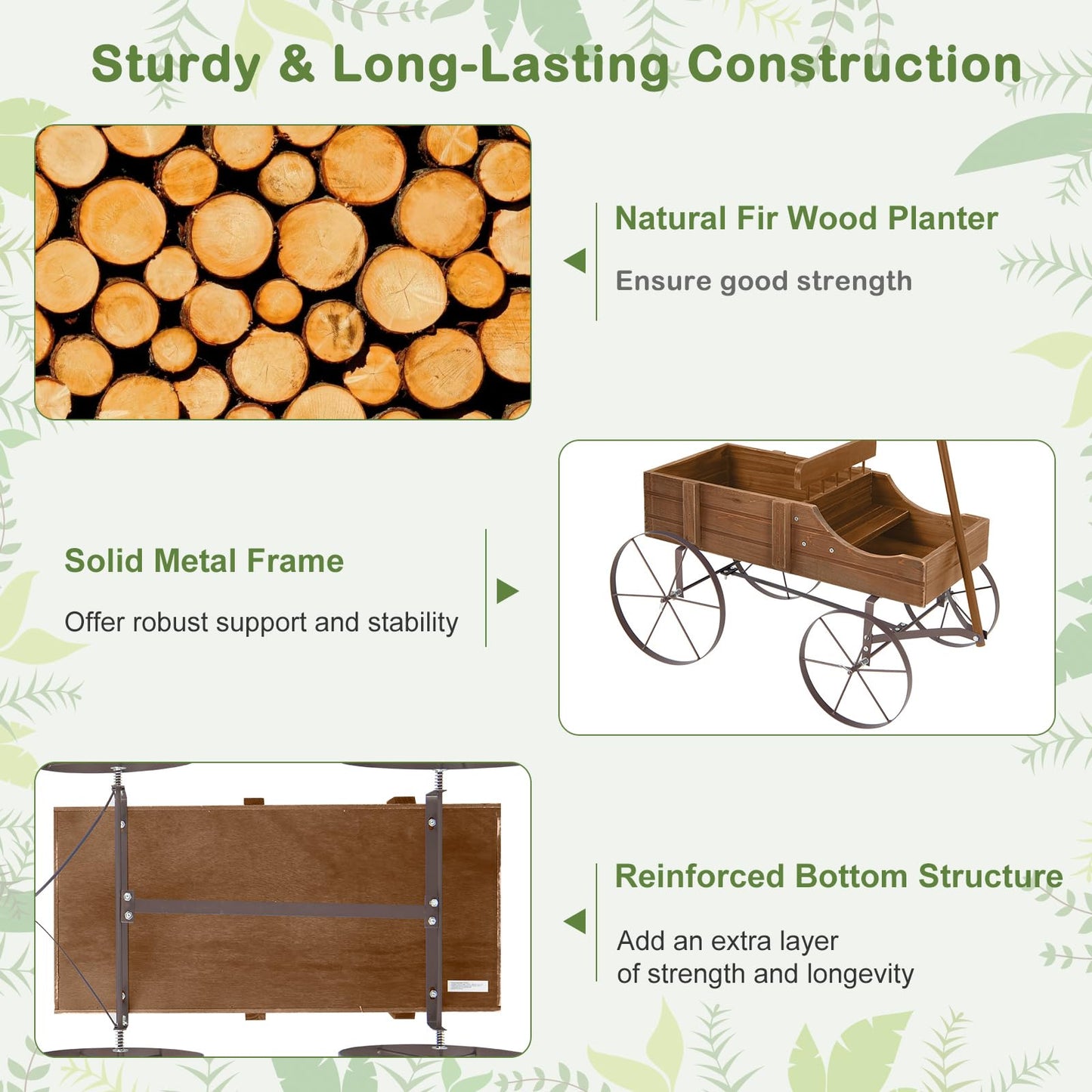 FIREFLOWERY Wooden Wagon Planter, Decorative Flower Pots w/ 2 Planting Sections, Wheels & Handle, Rustic Farmhouse Garden Planter Box for Patio, Yard, Porch (Walnut)