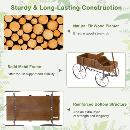 FIREFLOWERY Wooden Wagon Planter, Decorative Flower Pots w/ 2 Planting Sections, Wheels & Handle, Rustic Farmhouse Garden Planter Box for Patio, Yard, Porch (Walnut)