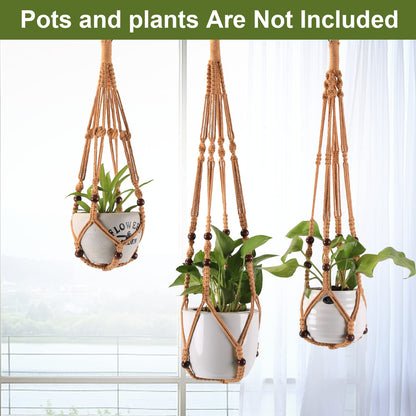 MKO SHUN 3-Pack Macrame Plant Hanger Indoor - Hanging Planter Basket for Indoor Outdoor - Decorative Boho Plant Holders Set with Beads - Ceiling Flower Pot Holder with 6 Hooks - 35"/30"/24" Brown