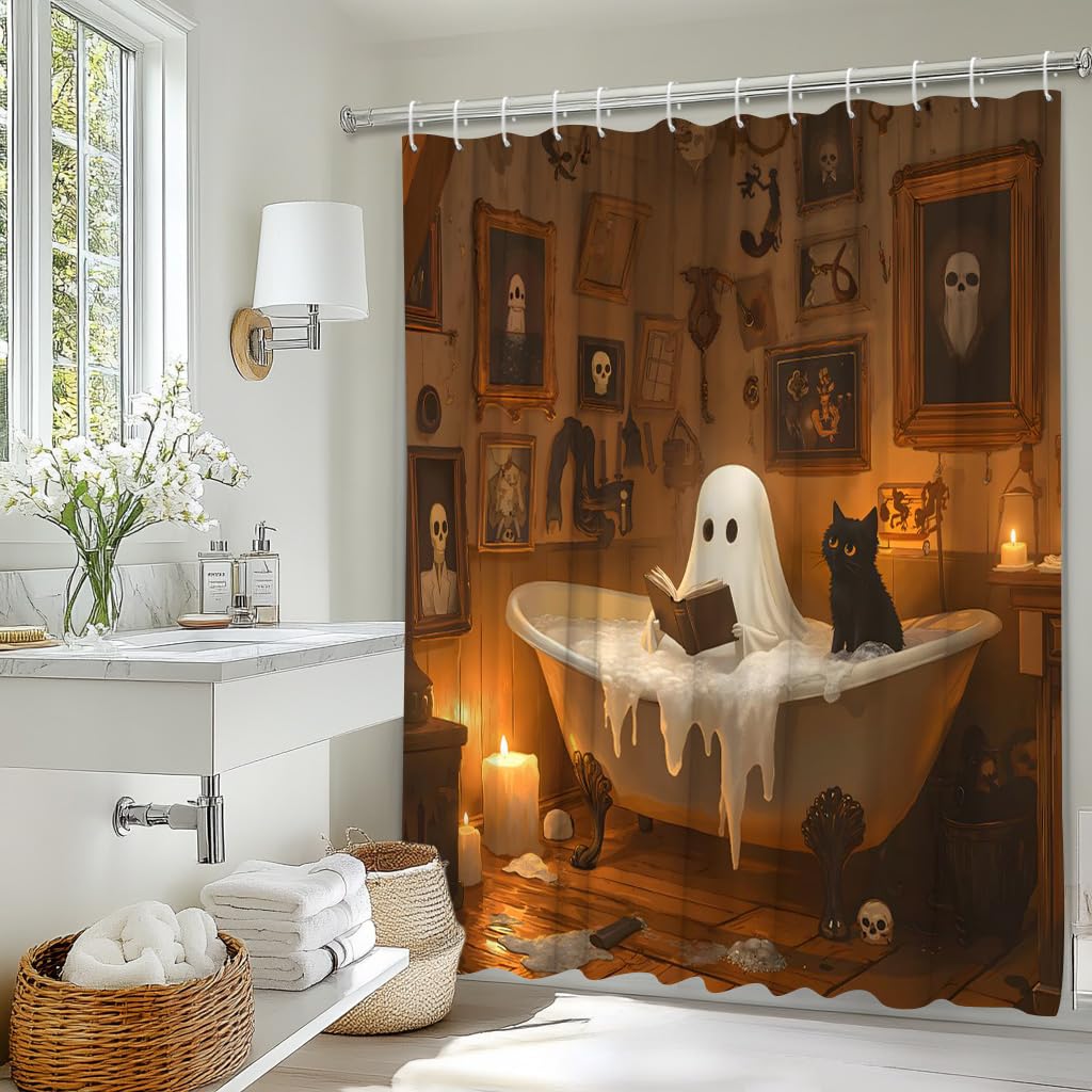JEJOMEAG Funny Ghost Cat Shower Curtain Cute Halloween Scary Spooky Fun Orange Gothic Fabric Bathroom Decor Curtain with Hooks, 70Wx70H