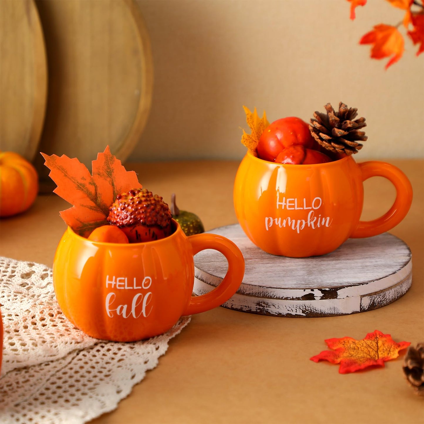GlikCeil 2 Pcs Fall Pumpkin Mugs, Hello Fall Hello Pumpkin Coffee Cups for Tiered Tray 17 oz Thanksgiving Table Centerpieces Ceramic Mugs Drinking Cup for Autumn Harvest Wedding Birthday Gift