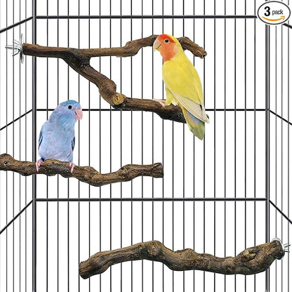 kathson 3pcs Natural Parrot Perch for Cage Wooden Bird Perches Grape Bird Stick Parakeet Climbing Standing Branches Toy Chewable Cage Accessories for Small Budgies Cockatiels Lovebirds Budgies
