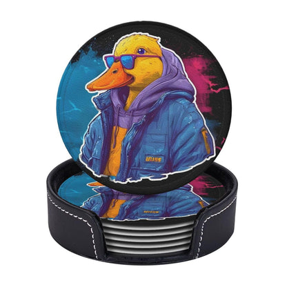 BOXIMIAO Drink Coasters with Holder Stand Set of 6, Cute Cyberpunk Duck Pu Leather Absorbent Coasters with Cork Base Table Coaster Round Coasters for Housewarming Apartment Kitchen Bar Decor