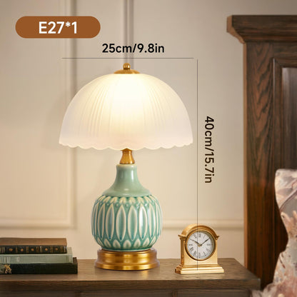 WELAISA Table Lamps Ceramic Retro Lamp for Living Room,15.7" Modern Bedside Nightstand Traditional Lamps, Classic Chinoiserie Green Glass Lamp for Home (Retro)