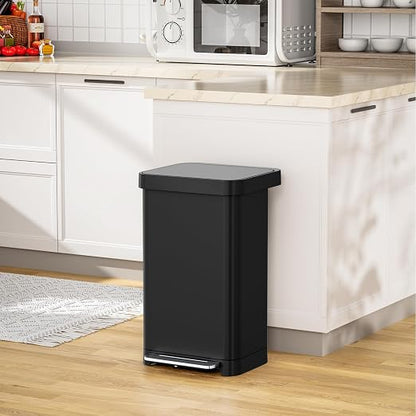 Arlopu 50L/13.2Gal Stainless Steel Trash Can W/15 Inner Bags & Rear Trash Bag Storage Compartment, Kitchen Step Trash Can with Lid & Built-in Deodorizer Box, Garbage Bin W/Foot Pedal (Black)