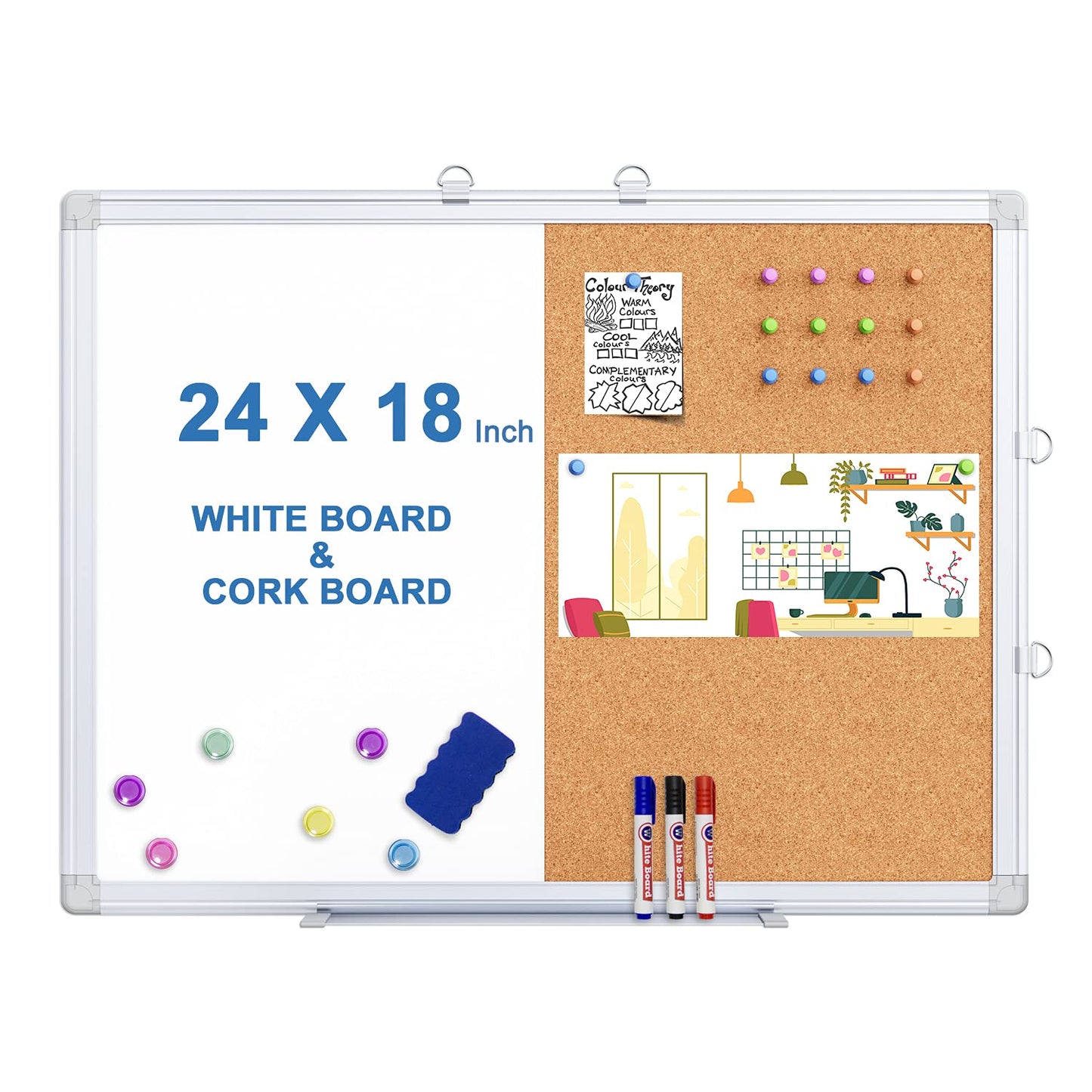 Magnetic White Board and Cork Board Combo, 24 X 18 inches Whiteboard Bulletin Combination Board, Wall Mounted Dry Erase Message Board for Home, School and Office