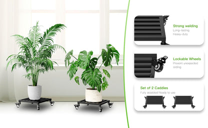 Zhongma 2 Pack 12" x12"x 3.5"H Square Plant Caddy with Wheels, Fully Assembled, Heavy Duty Construction, 300 Lbs Capacity, Load-Bearing Wheels with Brakes, No Installation Required