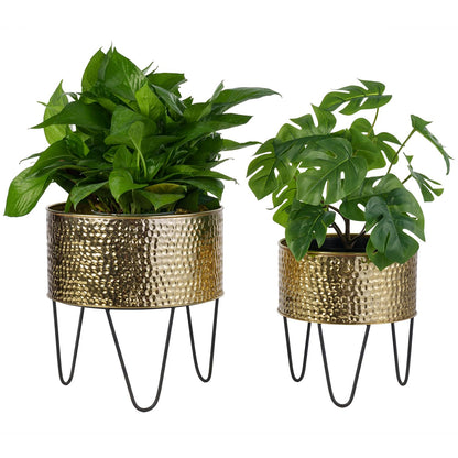 MyGift Modern Brass Tone Metal Planter Pots with Pebbled Texture, Hammered Plant Containers with Matte Black Wire Stands, 2 Piece Set, 8 and 10 Inch - Handcrafted in India