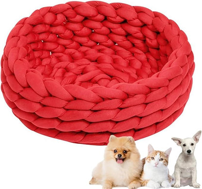 Woven Dog Bed Basket, Knitted Cotton Cat Bed Round Washable Woven Cat Pet Bed Chunky Dog Basket, Orthopedic, Chunky Knit Dog Nest,Dog Bed,Dog Cave,Dog Bedding(Red 1,23")