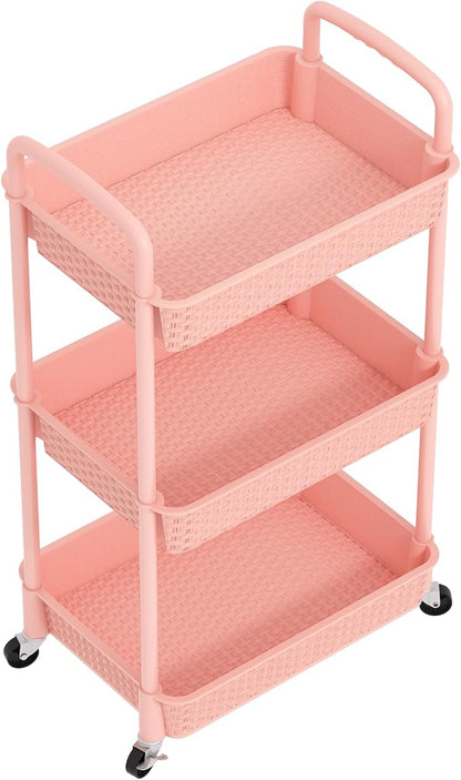 MOYIPIN 3-Tier Plastic Rolling Utility Cart with Handle,Utility Storage Cart for Office, Living Room, Kitchen,Movable Storage Organizer Shelves,Pink