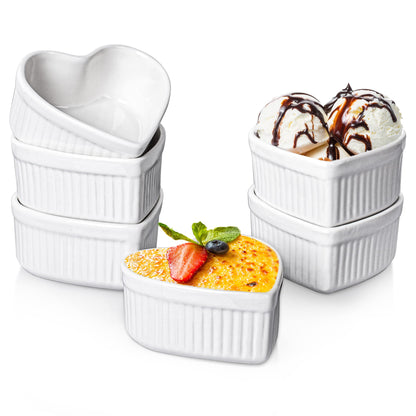 DELLING Heart Shaped Ramekins 6 Oz Oven Safe Set of 6, Porcelain Creme Brulee Dishes - Small Baking Bowls for Souffle Dessert Snack Quiche, Valentines Day Gift, White