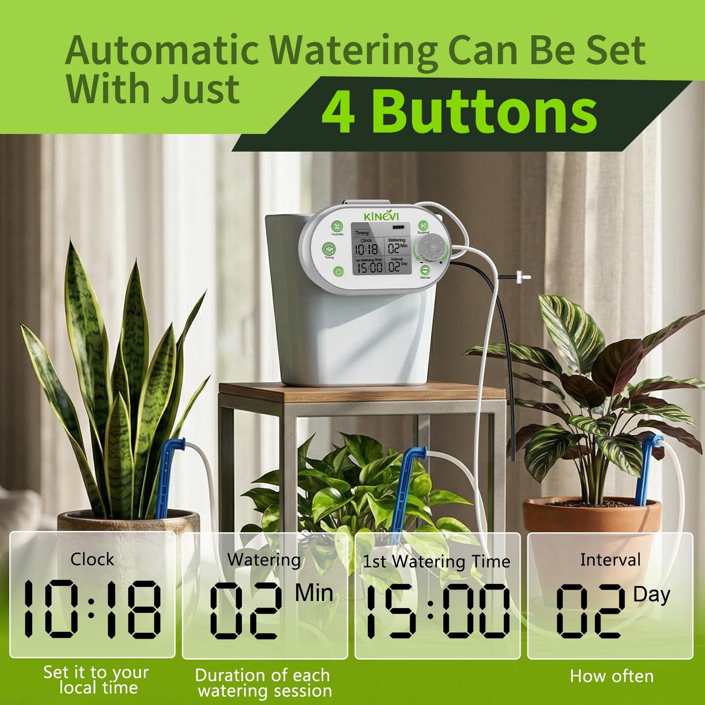 Automatic Plant Waterer, Plant Watering Device for 15 Pots, Indoor Plant Watering System, Auto Drip Irrigation Kit Programmable Water Timer with Smart Humidity Detection