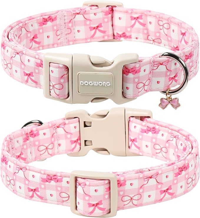 DOGWONG Pink Plaid Dog Collar-Cute Pink Bowtie Print Dog Collar, Adjustable Cotton Girl Female Pet Collar with Quick Release Buckle,L