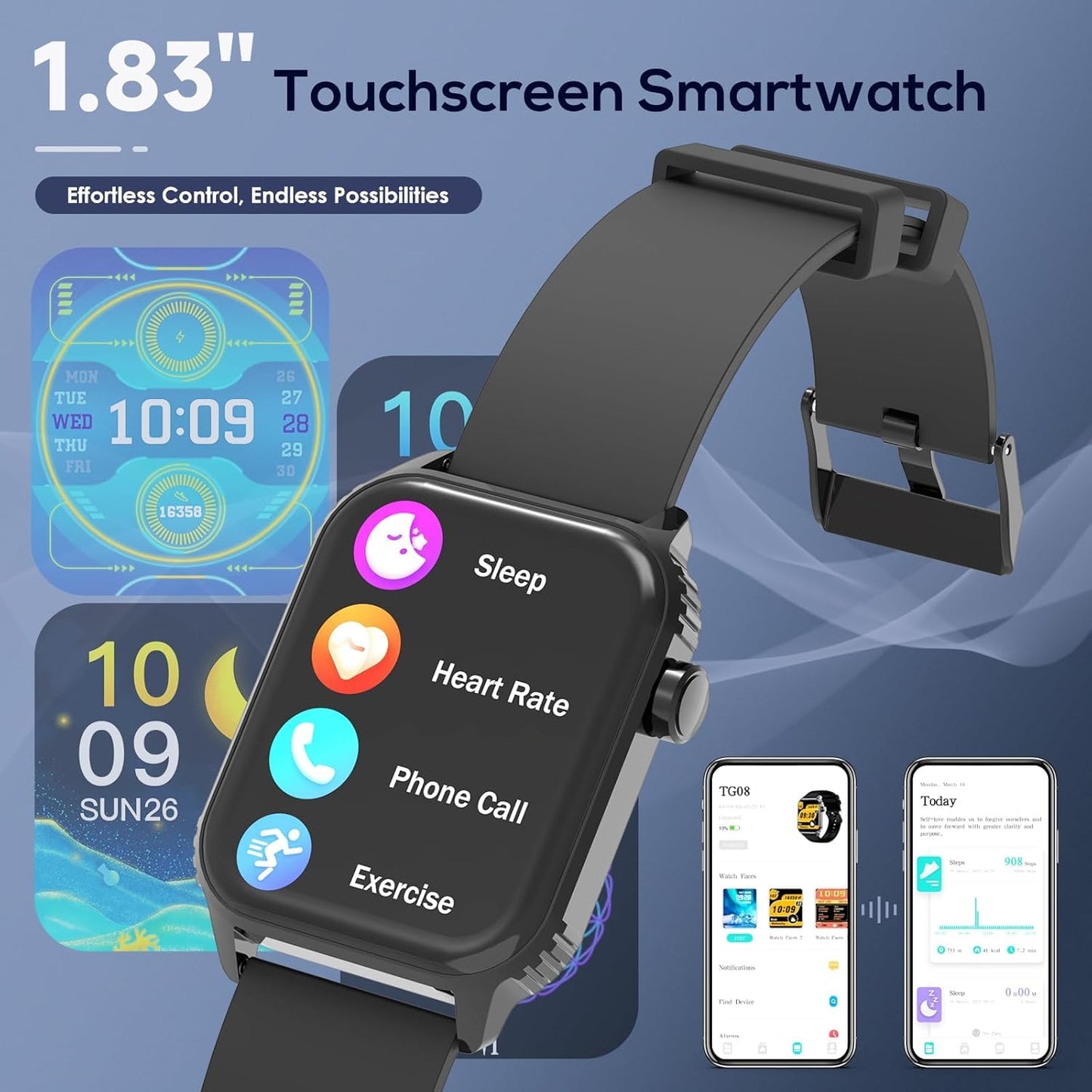 TRAUSI Smart Watches for Women Men, 1.83" HD Smartwatch with 120 Sports Modes, IP67 Waterproof, Bluetooth Call and Music Control；Heart Rate and Sleep Monitor (Black)