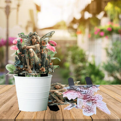 ANNUOZE Fairy Garden Stake Decor, 2D Flat Acrylic Fairy Garden Decor Panel, Elf Yard Sign for Outdoor Indoor Yard Lawn Plants Pots, Fairy Garden Accessories (Cactus Fairy)