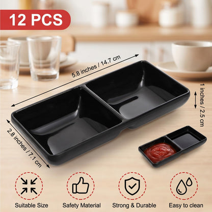 Jowgut 12 Pieces Dual Dipping Sauce Bowls, Melamine Soy Sauce Dish with 2 Compartments, Divided Fondue Plate Appetizer Plate for Restaurant Kitchen Parties Condiments Sauce Ketchup Dishwasher Safe