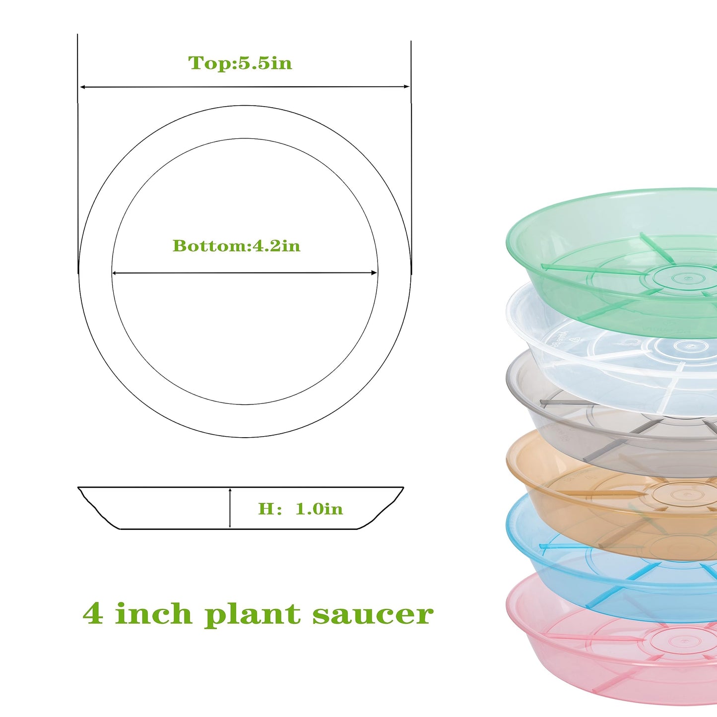 Afrine Plant Saucer 4 inch 6 Pack Drip Tray, 4 5 6 8 9 10 12 14 16 18 inch, Heavy Sturdy Plastic Planter Flower Pot Saucers for Indoor Outdoor Garden, Plant Water Drip Trays for pots Base (4", Clear)