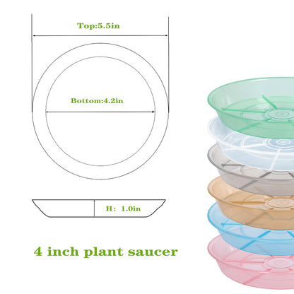 Afrine Plant Saucer 4 inch 6 Pack Drip Tray, 4 5 6 8 9 10 12 14 16 18 inch, Heavy Sturdy Plastic Planter Flower Pot Saucers for Indoor Outdoor Garden, Plant Water Drip Trays for pots Base (4", Clear)