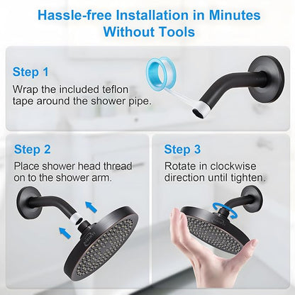 High Pressure Rainfall Shower Head, 6 Inches Showerhead with Perfect Adjustable Replacement, Removable Restrictor, Easy Installation for Bathroom Shower Head (Oil Rubbed Bronze+Shower Arm)