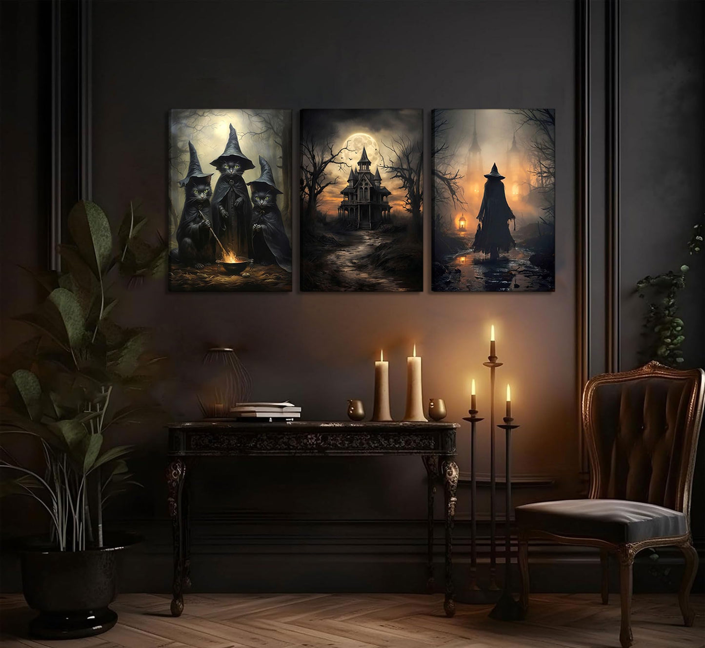 3pcs Halloween Canvas Wall Art Dark Academia Scary Witch Black Cat Castle Wall Decor Pictures Thriller Horror Gothic Posters Prints for Halloween Party House Decoration Prepare to hang