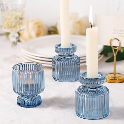DARJEN 6 Pcs Blue Glass Candlestick Holders with Vertical Stripes - Irregular Shaped, Dual-Use for Taper Candles & Votive/Tea Lights, Candle Holders for Dining Table, Wedding, Party, Home, Gifts