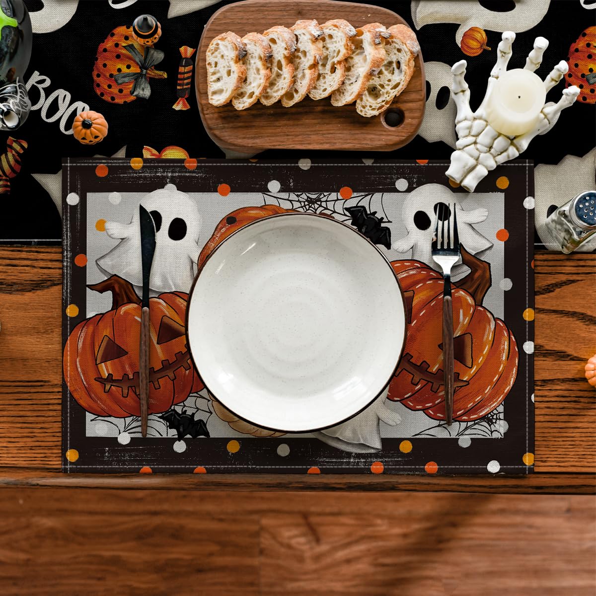 Artoid Mode Ghost Pumpkins Halloween Placemats Set of 4, 12x18 Inch Stripes Seasonal Table Mats for Party Kitchen Dining Decoration
