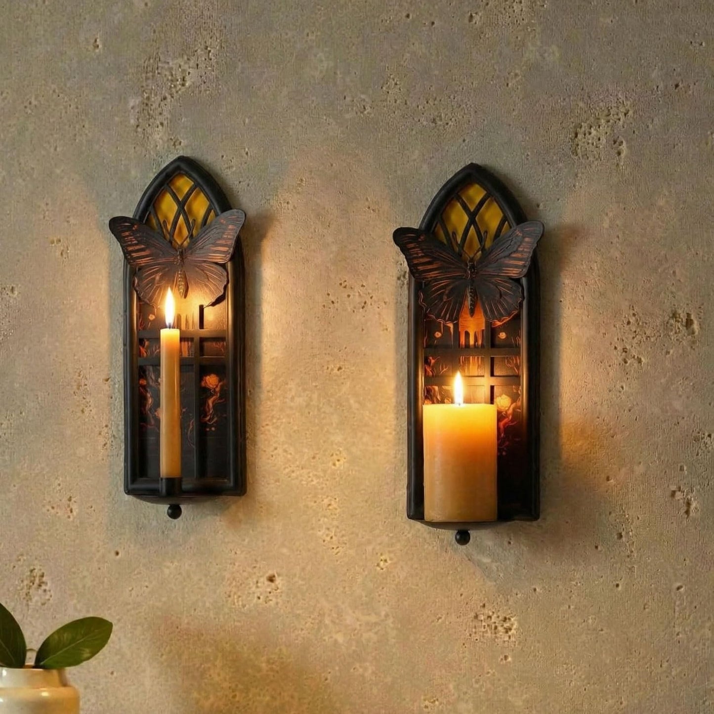 AimtoHome Gothic Moth Cathedral Window Wall Candle Sconces Set of 2