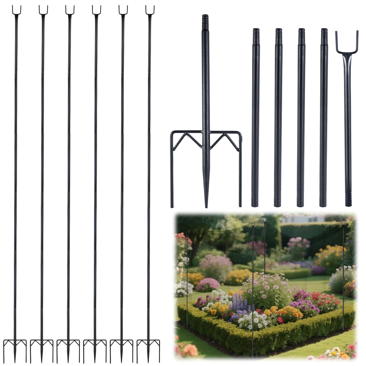 6 Pack 7.2ft Metal Garden Netting Support Stakes, Heavy Duty Garden Netting Pole with 50 Tie Rustproof Gardening Fence Stake Crop Cage Protection Post Frame for Support Fruits Garden Bed Plant Net