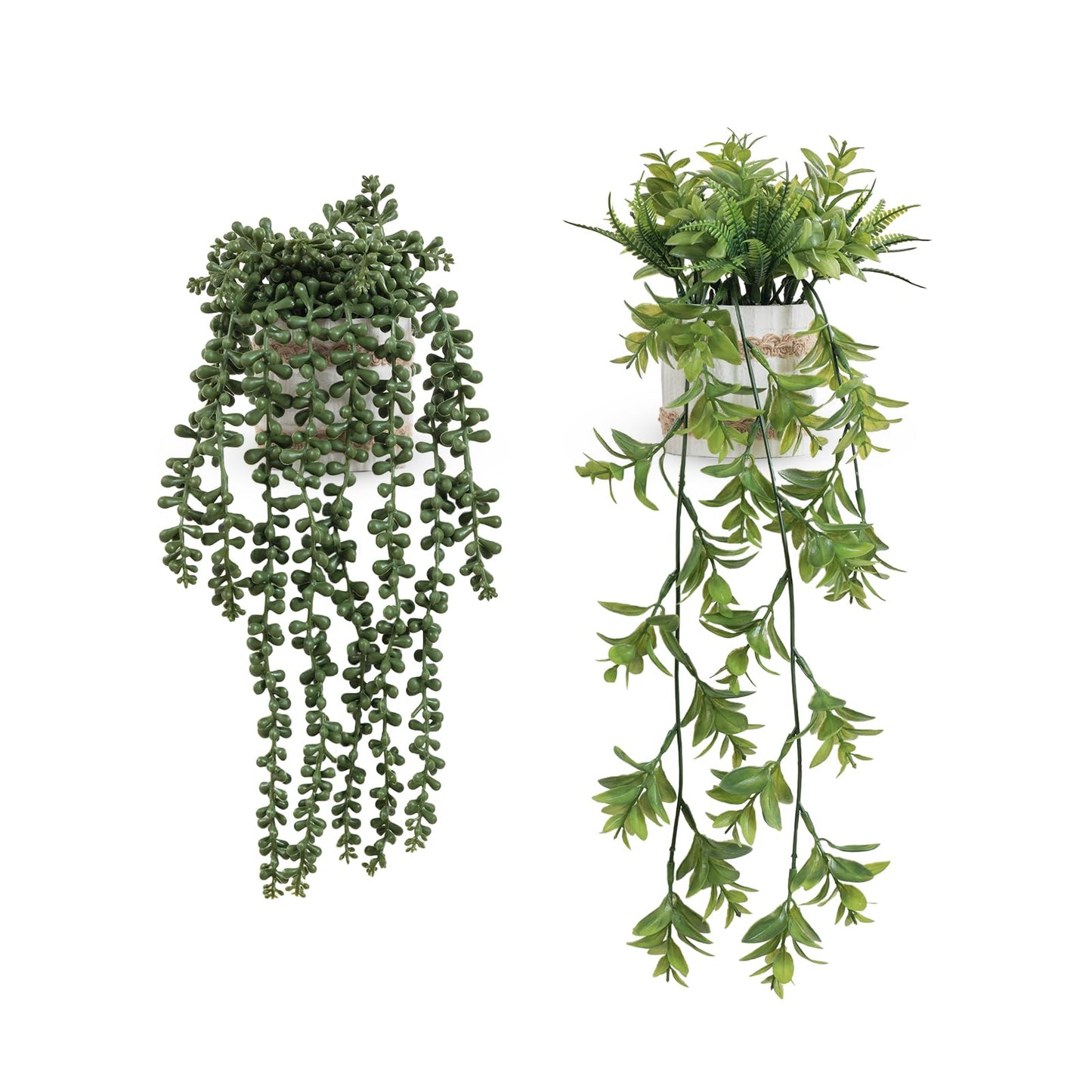Fuxdre Fake Hanging Plants, 2pcs Artificial Potted Greenery Faux Eucalyptus Vine Fern and String of Pearls in Pot for Home Room Wall Shelf Patio Garden Indoor Outdoor Decor