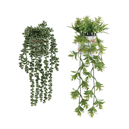 Fuxdre Fake Hanging Plants, 2pcs Artificial Potted Greenery Faux Eucalyptus Vine Fern and String of Pearls in Pot for Home Room Wall Shelf Patio Garden Indoor Outdoor Decor
