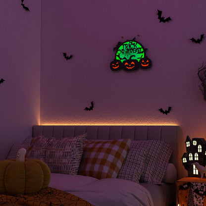 Halloween Pumpkin Lights, LED Connected Jack O Lantern With Light Up Green Moon, Bat Spider Web & Trick or Treat Wording, USB & Battery Powered With Timer, Halloween Decorations Kids Wall Window Art