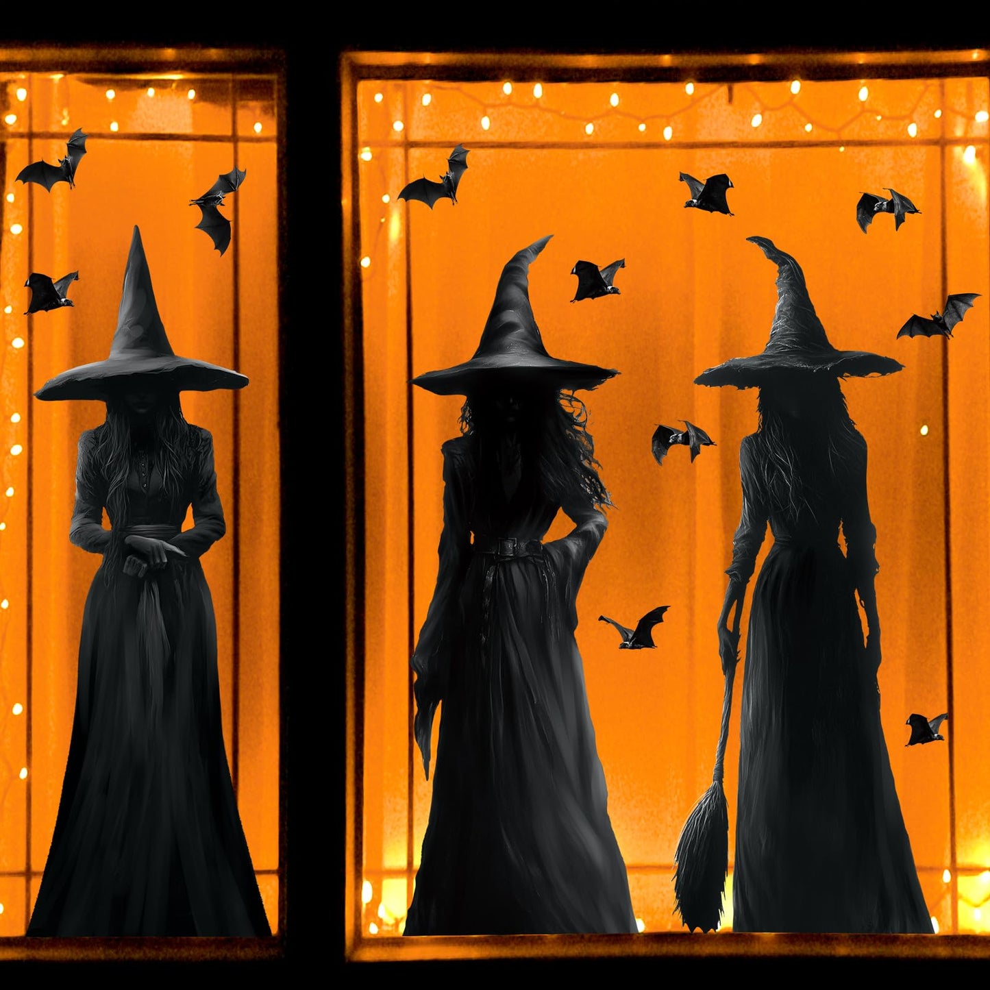 Halloween Decorations Window Clings Decor: 3pcs Large Realist Dark Witch Bats Silhouette Halloween Decals Cling Indoor, Scary Creepy Style School Home Office Party Supplies for Glass Windows
