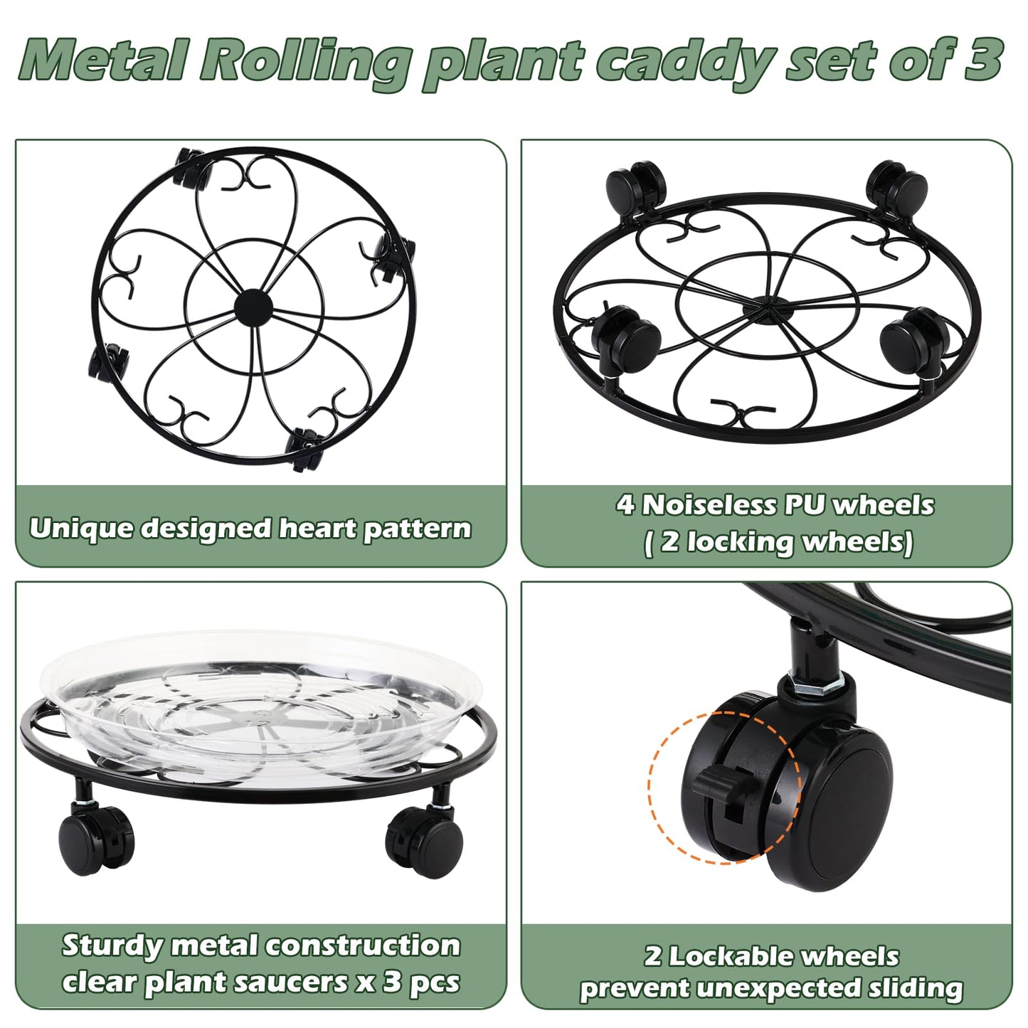 DEELF OUTLET 3 Packs 12 inches Large Metal Plant Caddy with Wheels Round Planter Dolly Pot Mover Rollers Wrought Iron Rolling Plant Stands Indoor Outdoor Wheeled Plant Holder Coaster Trolley, Black
