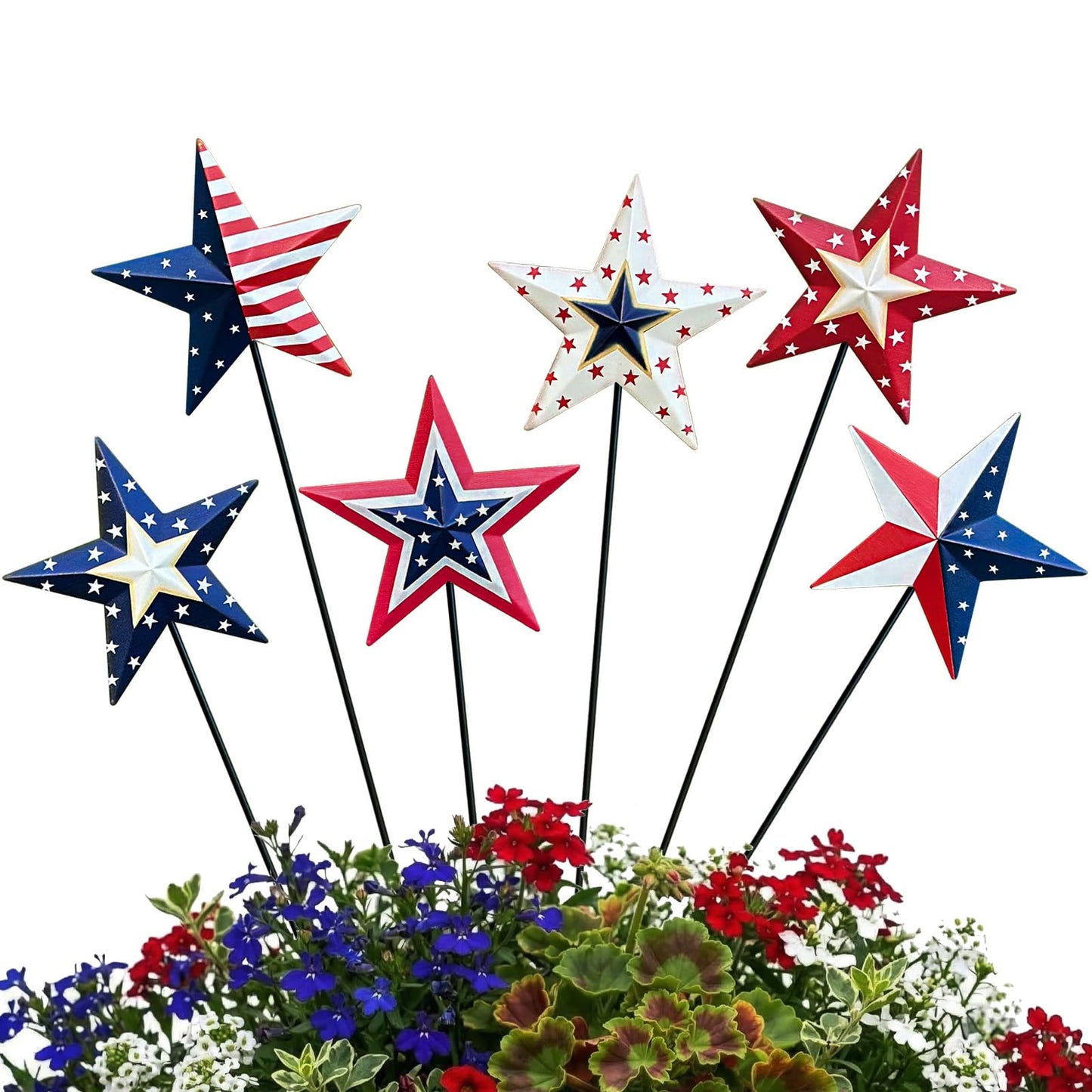 WKHOMEDECO 4th of July Decorations Outdoor 19" Metal Barn Star 6-Pack, Patriotic Outdoor Decorations, Rustic Iron Decorative Garden Stakes with American Flag Stars for Yard Patio Lawn