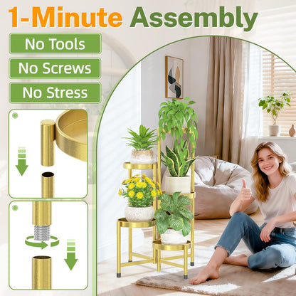 iDavosic.ly Plant Stand Indoor Outdoor, 5 Tier Corner Metal Flower Display Holder Shelf, Folding Tall Orchid Rack for Patio Balcony Porch Garden Living Room House, Gold