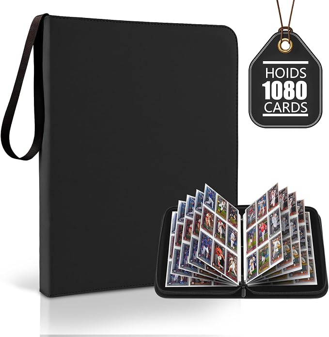 9 Pocket Trading Card Zip Binder - Holds 1080 Cards, 60 Pages Large-Capacity,Double-Sided Removable Sleeves, Suitable for Game Cards/Sports Cards Storage,Black