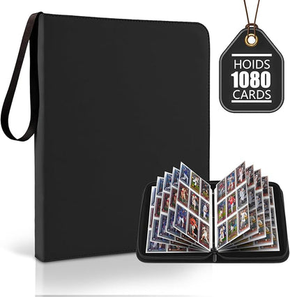 9 Pocket Trading Card Zip Binder - Holds 1080 Cards, 60 Pages Large-Capacity,Double-Sided Removable Sleeves, Suitable for Game Cards/Sports Cards Storage,Black