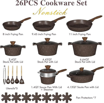 Umite Chef 26PCS Pots and Pans Set Non Stick, Nonstick Cookware Sets, Induction Cook Ware, Includes Steamer & Silicone Utensils, Housewarming Gift, Kitchen Cooking Sets w/Frying pan (PFOS, PFOA Free)