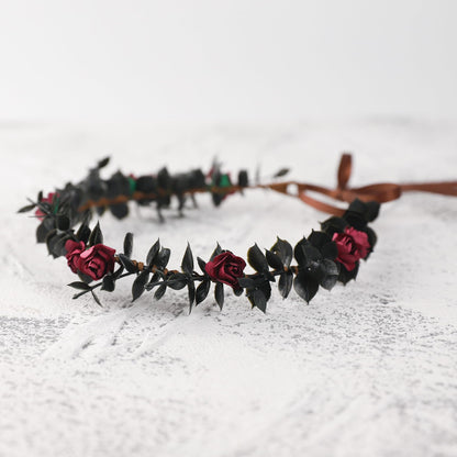 KorViSHOW Flower Crowns for Women Girls - Black Handmade Renaissance Wreath Garland Bridal Wedding Cosplay DIY Halloween Maternity Shoot Vacation Photography Props Shower Deep Red Rose