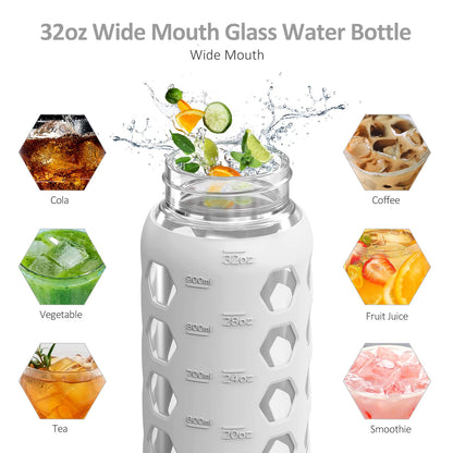 MUKOKO 32oz Glass Water Bottles with 2 Lids-Handle Spout Lid&Bamboo Straw Lid, Motivational Water Tumbler with Time Marker Reminder and Silicone Sleeve, Leakproof-White-1 Pack