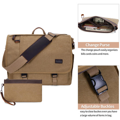 Nerlion Messenger Bag for Men 17-17.3 Inch Laptop Bag Canvas Water-resistant Computer Bag Shoulder Bag Work Briefcase Bookbag for College (Brown)