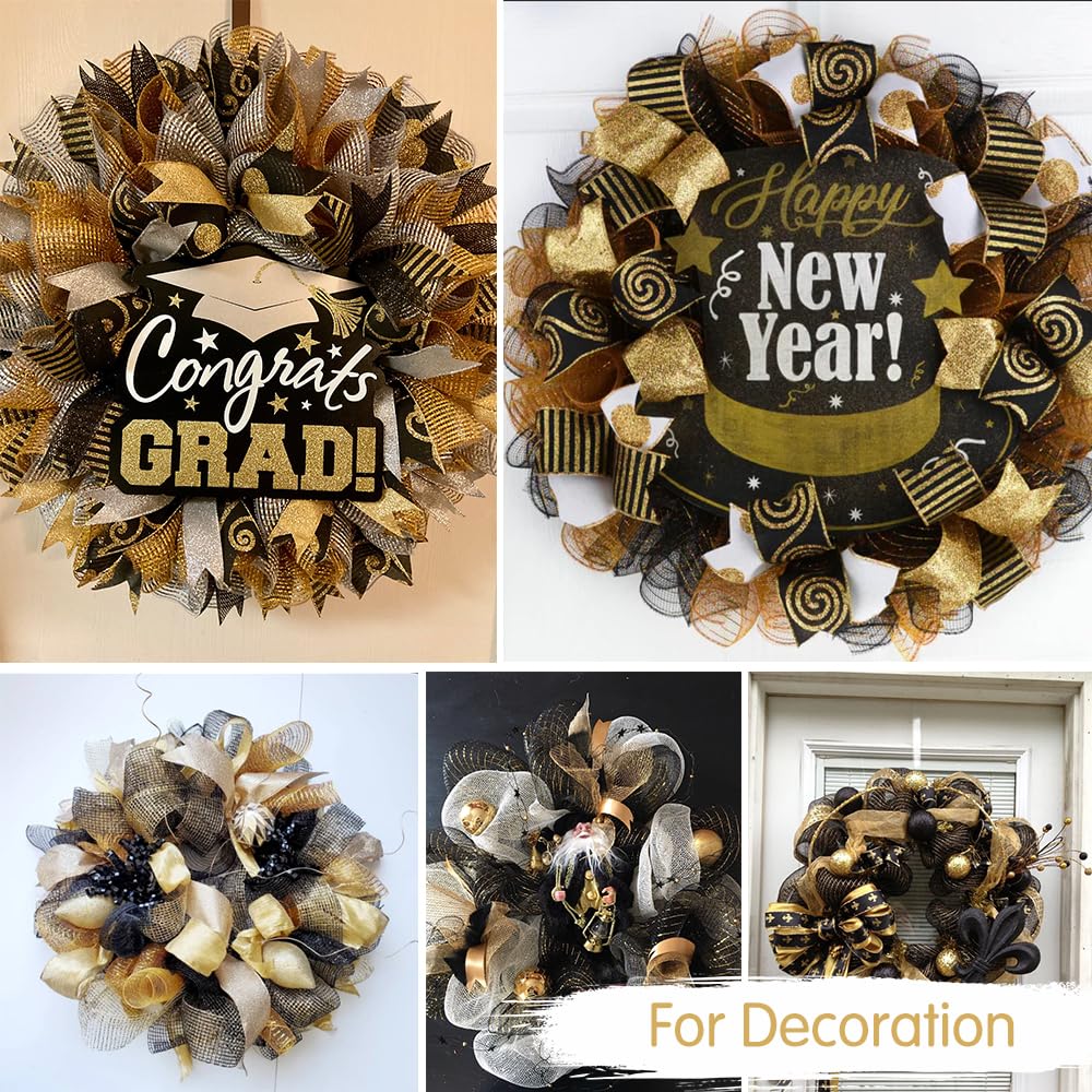 TONIFUL 2 Rolls 10 Inch Black Decorative Mesh Ribbbon Rolls, Fabric Mesh with Foil for Wreath Supplies, Front Door Wreath Crafts Tree Decor Christmas NewYears Halloween Decoration (10 yds/roll)