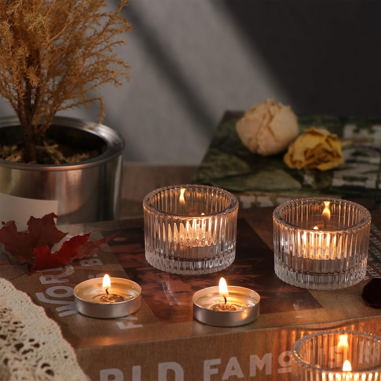 HAVITI 24 Pack Clear Tealight Candle Holders, Glass Votive Candle Holders for Fall Wedding Table Centerpiece, Home Decor and Party Supplies