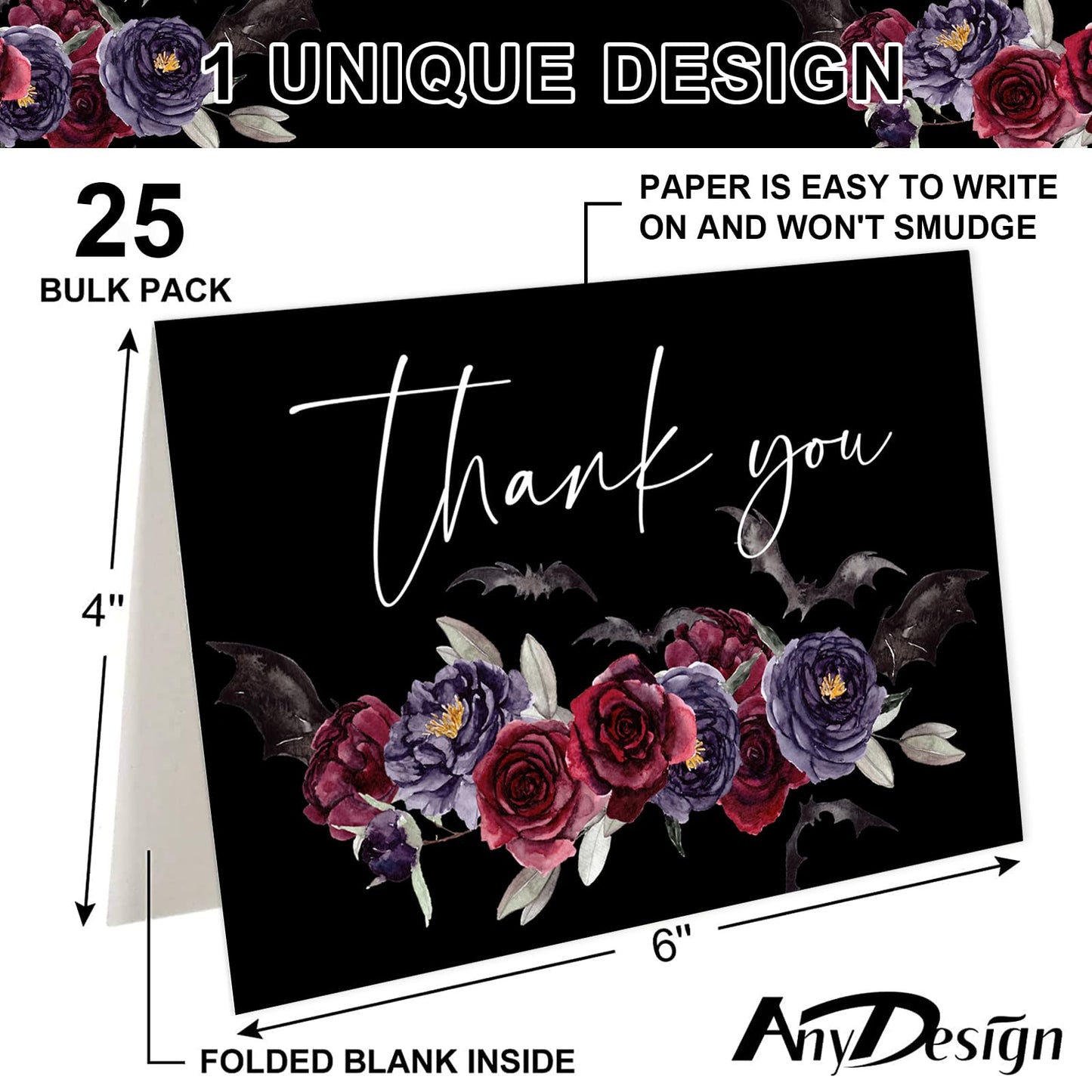 25 Pack Floral Thank You Cards Halloween Flower Bat Greeting Cards Spooky Blank Note Card for Holiday Baby Shower Party Invitation Supplies, 4 x 6 Inch