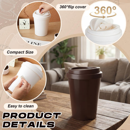 Xuhal 2 Pcs 0.9 Gallon Coffee Cup Desktop Trash Can with Swing Lid, Small Plastic Brown and White Waste Bin for Office Coffee Table, Mini Countertop Wastebasket for Desk Vanity Counter Tabletop