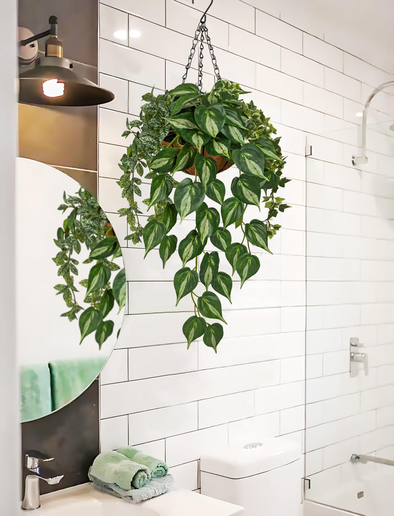 Fake Hanging Plant with Pot, Large Hanging Artificial Plants with Basket & Hanger Faux Greenery Plants Indoor Outdoor Decor Fake Pothos Plant in Pot for Wall Balcony Patio Office Bathroom Shelf
