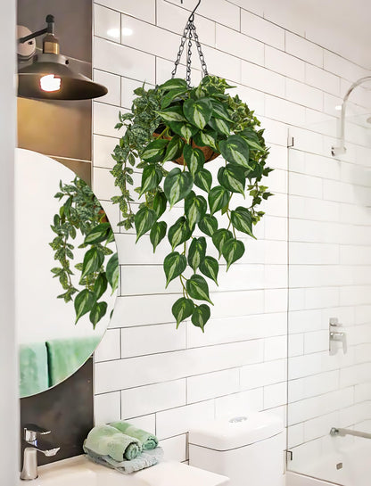 Fake Hanging Plant with Pot, Large Hanging Artificial Plants with Basket & Hanger Faux Greenery Plants Indoor Outdoor Decor Fake Pothos Plant in Pot for Wall Balcony Patio Office Bathroom Shelf
