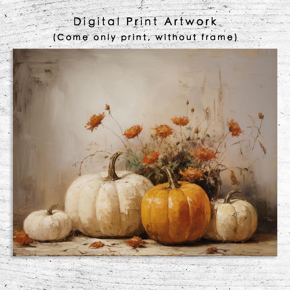 OFlyDesigns Fall Wall Decor, Pumpkin Still Life Art Print, Rustic Autumn Decor, Thanksgiving Print, 11x14 inch Unframed Landscape Art Print