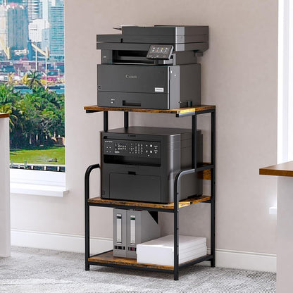 Printer Stand with Storage Shelf,3 Tier Printer Cart with Wheels,Mobile Printer Table for Home Office,Stands for Printer Heat Press Scanner Fax,Industrial Style (Brown)