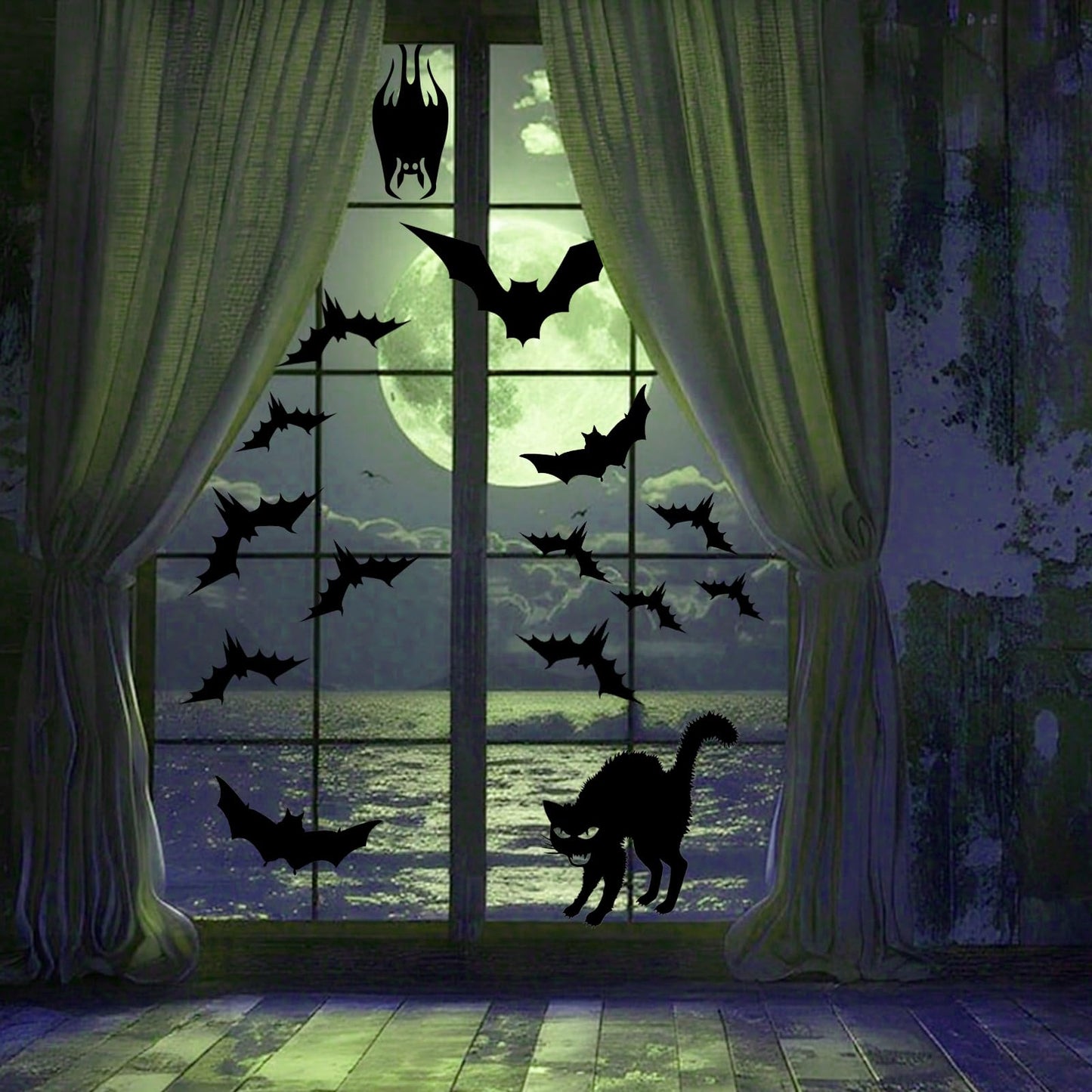 PPRAFDD Extra Large Halloween Window Clings Silhouette Decorations with Scary Witches Giant Spooky Monster Black Cat Bats Spiders Window Decals for Halloween Party (4 Sheets)